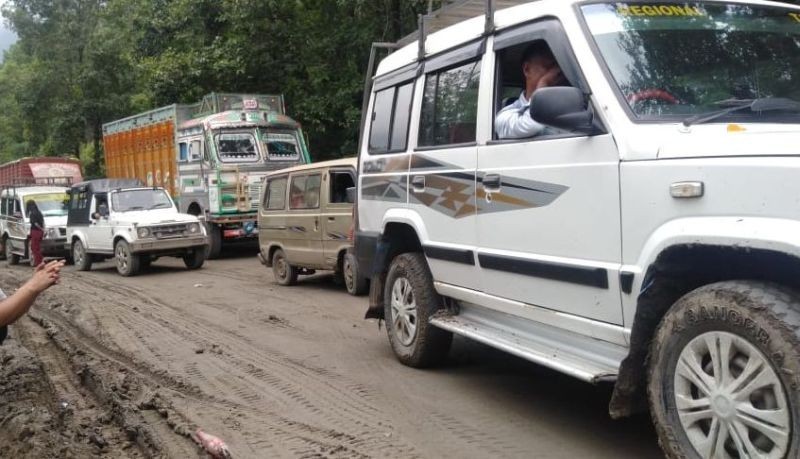 Vehicles are seen stuck in traffic along NH-2 Lerie Junction to Mao Gate in this file photo taken in July 2022. (Morung File Photo)